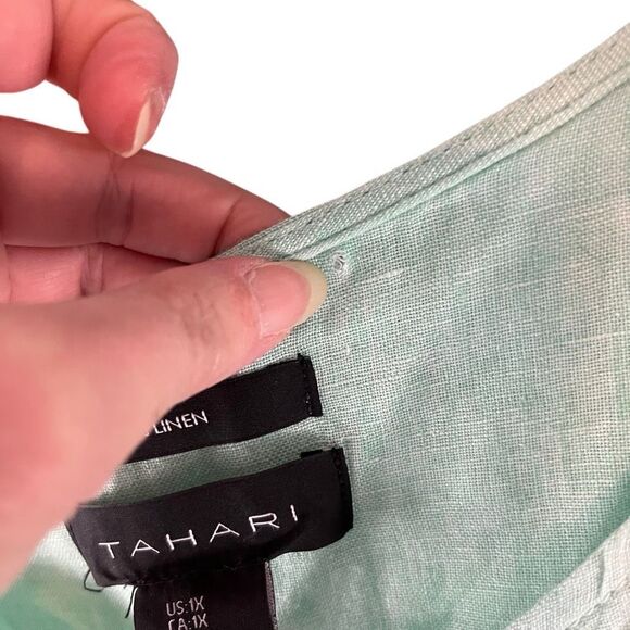 Tahari Top womens 1X Green Blue 100 % Linen Roll Tab Button Down Tunic Cottagcor - Picture 4 of 7